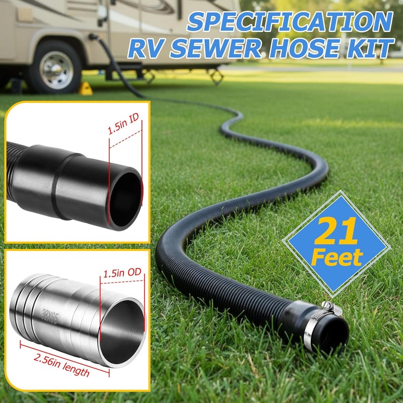 Feekoon 97521 RV Macerator Hose Kit Compatible with Thetford Sani-Con Turbo 400S/500S/600S/700, 21FT, 1-1/2inch RV Camper Sewage Waste Water Drain Hose, with 4 Clamps and 2 Connect Fittings, Black - Image 3